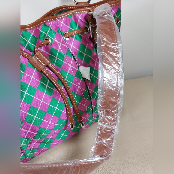 SYDNEY LOVE ARGYLE DRAWSTRING TOTE SHOULDER BAG,PINK/GREEN,ONE SIZE - Picture 7 of 14